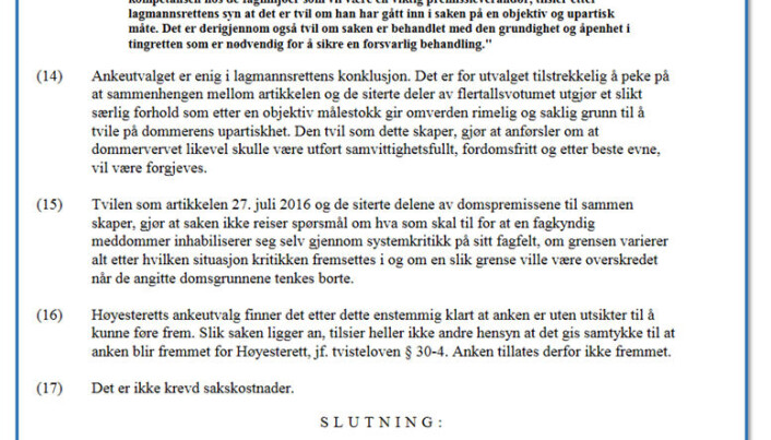 Utdrag fra kjennelsen fra ankeutvalget i januar. Utdrag fra kjennelsen fra ankeutvalget i januar.