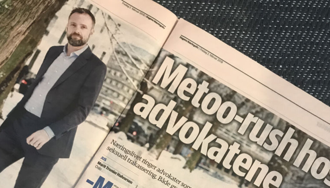 FAKSIMILE: Dagens Næringsliv skriver fredag 2. februar om at metoo-kampanjen har økt oppdragsmengden for flere arbeidsrettsadvokater. FAKSIMILE: Dagens Næringsliv skriver fredag 2. februar om at metoo-kampanjen har økt oppdragsmengden for flere arbeidsrettsadvokater.