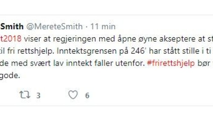 <html><head></head><body> Generalsekretæren i Advokatforeningen, Merete Smith, er kritisk til den reduserte bevilgningen til fri rettshjelp. Foto: Skjermdump/Twitter</body></html> <html><head></head><body> Generalsekretæren i Advokatforeningen, Merete Smith, er kritisk til den reduserte bevilgningen til fri rettshjelp. Foto: Skjermdump/Twitter</body></html>