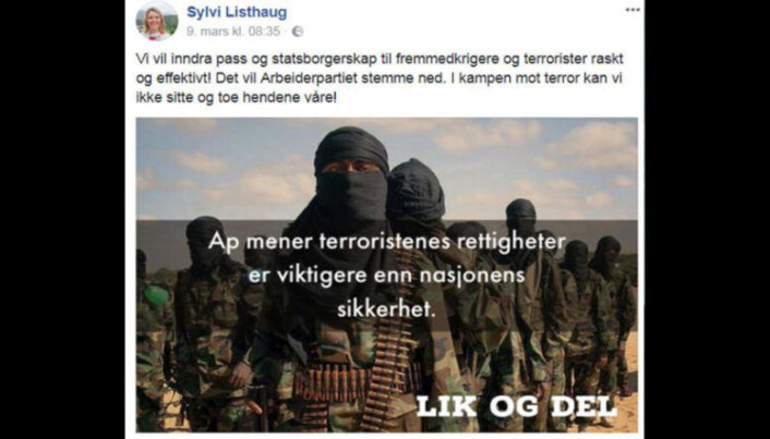 <html><head></head><body> Det var dette omstridte innlegget som fikk debatten til å løpe løpsk tidligere i år. Kun få dager etter publisering fjernet Sylvi Listhaug selv bildet. FOTO: Skjermdump/Facebook</body></html> <html><head></head><body> Det var dette omstridte innlegget som fikk debatten til å løpe løpsk tidligere i år. Kun få dager etter publisering fjernet Sylvi Listhaug selv bildet. FOTO: Skjermdump/Facebook</body></html>