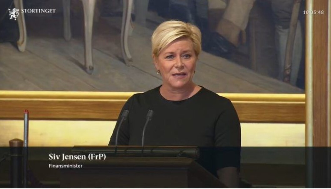 Finansminister Siv Jensen (FrP) presenterte statsbudsjettet for 2019 i dag kl. 10. Foto: Skjermdump/Stortinget.no Finansminister Siv Jensen (FrP) presenterte statsbudsjettet for 2019 i dag kl. 10. Foto: Skjermdump/Stortinget.no