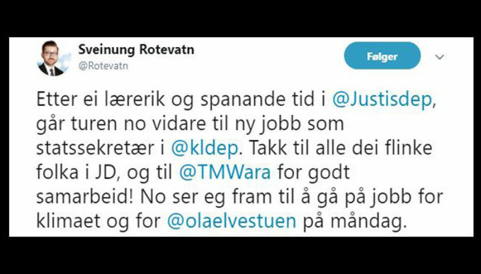 Sveinung Rotevatn (V) takker for seg etter ni måneder som statssekretær i justis- og beredskapsdepartementet. Foto: Skjermdump/Twitter