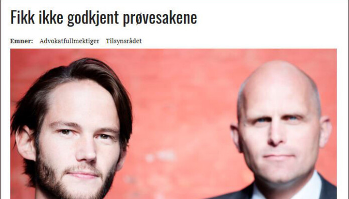 Advokatbladet skrev i august i fjor om advokatfullmektig Gaute Melås, som fikk avslag på bevilling fordi retten hadde oppnevnt ham i eget navn, og ikke i prinsipalens. Til høyre prinsipal Henrik Boehlke. Advokatbladet skrev i august i fjor om advokatfullmektig Gaute Melås, som fikk avslag på bevilling fordi retten hadde oppnevnt ham i eget navn, og ikke i prinsipalens. Til høyre prinsipal Henrik Boehlke.