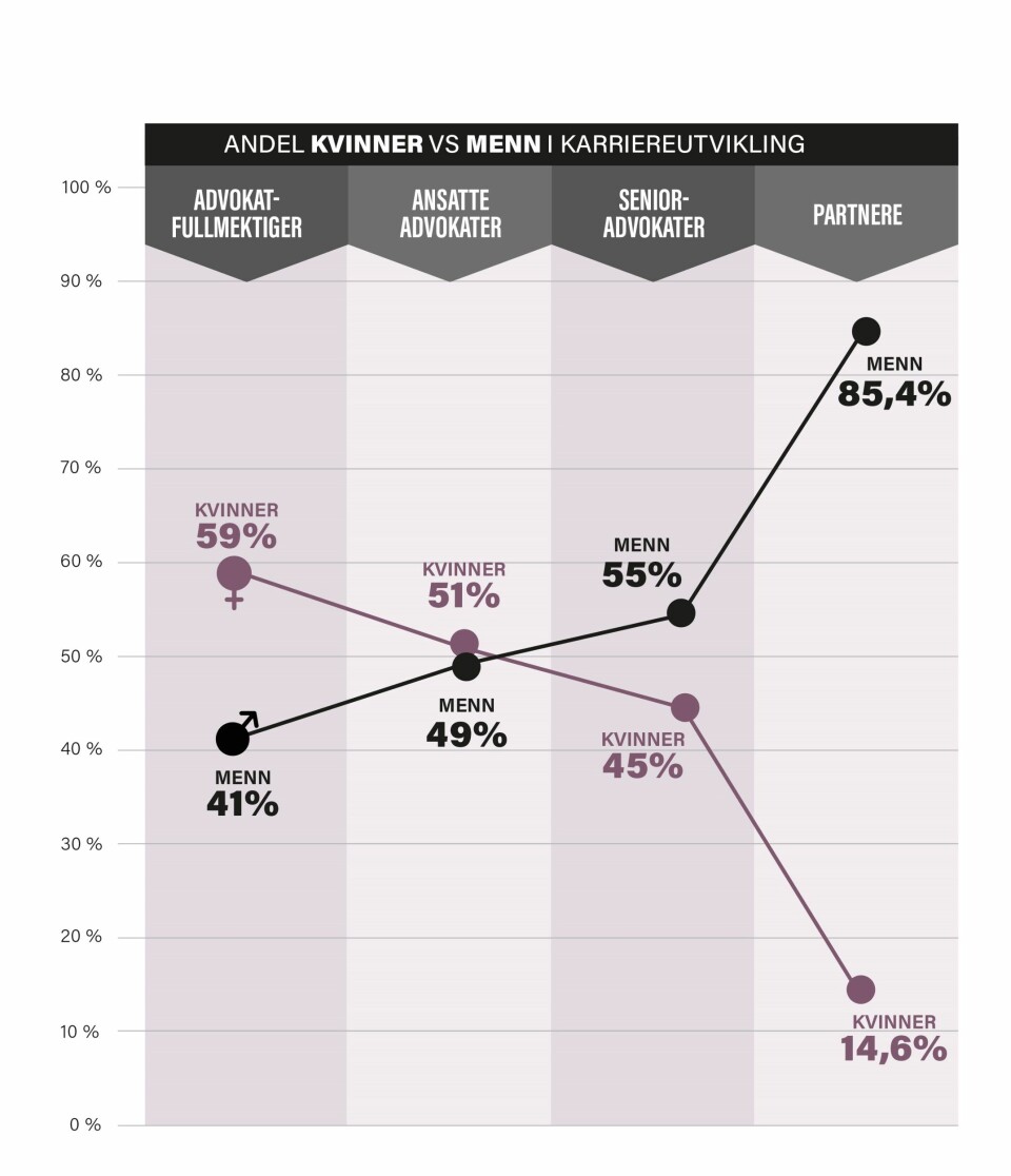 Grafen illustrerer hvor kvinnegapet oppstår. Fram til seniornivå er kjønnsdelingen nærmest jevn, før mennene er i klar dominans på partnernivå. Grafikk: Mediamania.no
