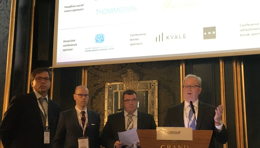 Konferansens co-chairs ønsket deltagerne velkommen til Oslo. (f.v.) Godofredo Mendes Vianna fra Kincaid Mendes Vianna i Rio De Janeiro, Henrik Hagberg fra Thommessen i Oslo, Johannes Grove Nielsen fra Bech-Bruun i København, og Richard V Singleton fra Blank Rome i New York Konferansens co-chairs ønsket deltagerne velkommen til Oslo. (f.v.) Godofredo Mendes Vianna fra Kincaid Mendes Vianna i Rio De Janeiro, Henrik Hagberg fra Thommessen i Oslo, Johannes Grove Nielsen fra Bech-Bruun i København, og Richard V Singleton fra Blank Rome i New York