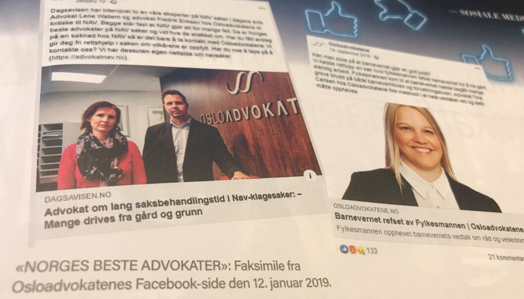 Faksimile fra Advokatbladet og Osloadvokatenes Facebook-oppdateringer. Foto: Skjermdump Faksimile fra Advokatbladet og Osloadvokatenes Facebook-oppdateringer. Foto: Skjermdump