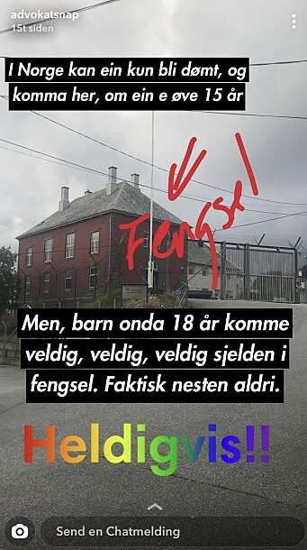 Skjermdump fra Ingrid Lauvås' Advokatsnap-konto på Snapchat. Skjermdump fra Ingrid Lauvås' Advokatsnap-konto på Snapchat.