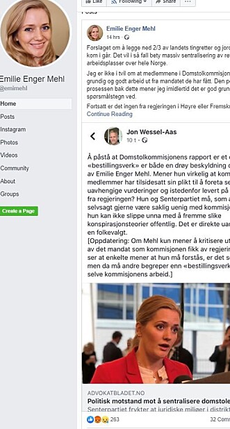 Fra en oppdatering på Emilie Enger Mehls åpne Facebook-profil der Sp-politikeren svarer Jon Wessel-Aas. Foto: Skjermdump Fra en oppdatering på Emilie Enger Mehls åpne Facebook-profil der Sp-politikeren svarer Jon Wessel-Aas. Foto: Skjermdump