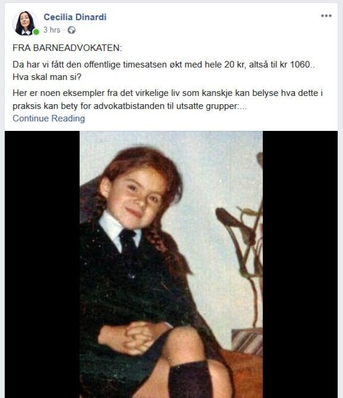 Skjermdump fra Cecilia Dinardis innlegg på Facebook, illustrert med et barnebilde av henne selv. Skjermdump fra Cecilia Dinardis innlegg på Facebook, illustrert med et barnebilde av henne selv.