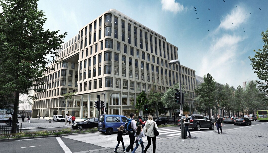 Advokatforeningen vil ha inngang fra Universitetsgaten. Her bygget sett fra Pilestredet (ring 1). Illustrasjon: Entra Eiendom Advokatforeningen vil ha inngang fra Universitetsgaten. Her bygget sett fra Pilestredet (ring 1). Illustrasjon: Entra Eiendom
