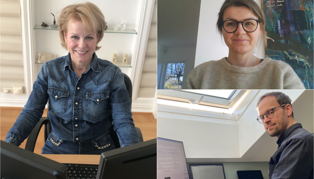 Advokatforeningens folk jobber som mange andre hjemmefra. Fra v. Merete Smith, advokat Margrethe Willoch og politisk rådgiver Martin Kaasgaard Nielsen. Advokatforeningens folk jobber som mange andre hjemmefra. Fra v. Merete Smith, advokat Margrethe Willoch og politisk rådgiver Martin Kaasgaard Nielsen.