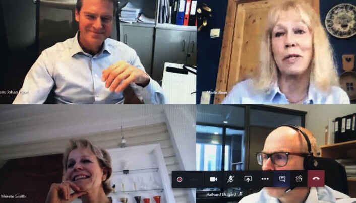 Hovedstyret i Advokatforeningen avholdt i dag videomøte. Øverst fra v. Jens Johan Hjort, Marte Reier, Merete Smith og Hallvard Østgård. Hovedstyret i Advokatforeningen avholdt i dag videomøte. Øverst fra v. Jens Johan Hjort, Marte Reier, Merete Smith og Hallvard Østgård.