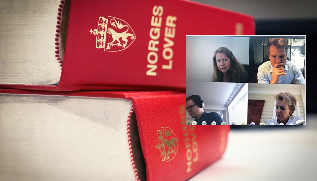 Advokatforeningens hovedstyre behandlet koronalovforslaget i et videomøte fredag. På skjermbildet vises Irene Kildebo, Jens Johan Hjort, Marius Dietrichson og Merete Smith. Advokatforeningens hovedstyre behandlet koronalovforslaget i et videomøte fredag. På skjermbildet vises Irene Kildebo, Jens Johan Hjort, Marius Dietrichson og Merete Smith.