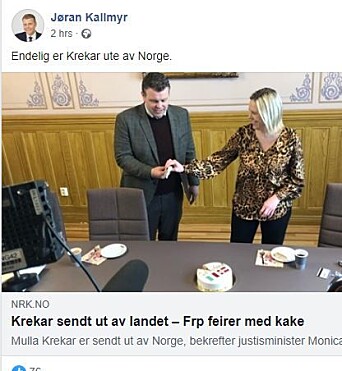 Faksimile fra Jøran Kallmyrs Facebook-profil. Faksimile fra Jøran Kallmyrs Facebook-profil.