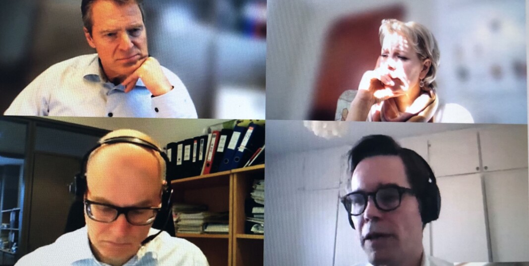 Advokatforeningens hovedstyre hadde ekstraordinært styremøte før påske for å drøfte korona-tiltakene. Øverst fra v. Jens Johan Hjort, Merete Smith, Hallvard Østgård og Marius Dietrichson. Advokatforeningens hovedstyre hadde ekstraordinært styremøte før påske for å drøfte korona-tiltakene. Øverst fra v. Jens Johan Hjort, Merete Smith, Hallvard Østgård og Marius Dietrichson.