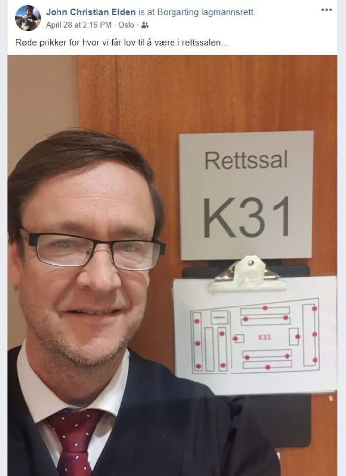 Advokat John Christian Elden delte en oversikt over hvor aktørene i en ankesak i Borgarting skulle plassere seg. Advokat John Christian Elden delte en oversikt over hvor aktørene i en ankesak i Borgarting skulle plassere seg.