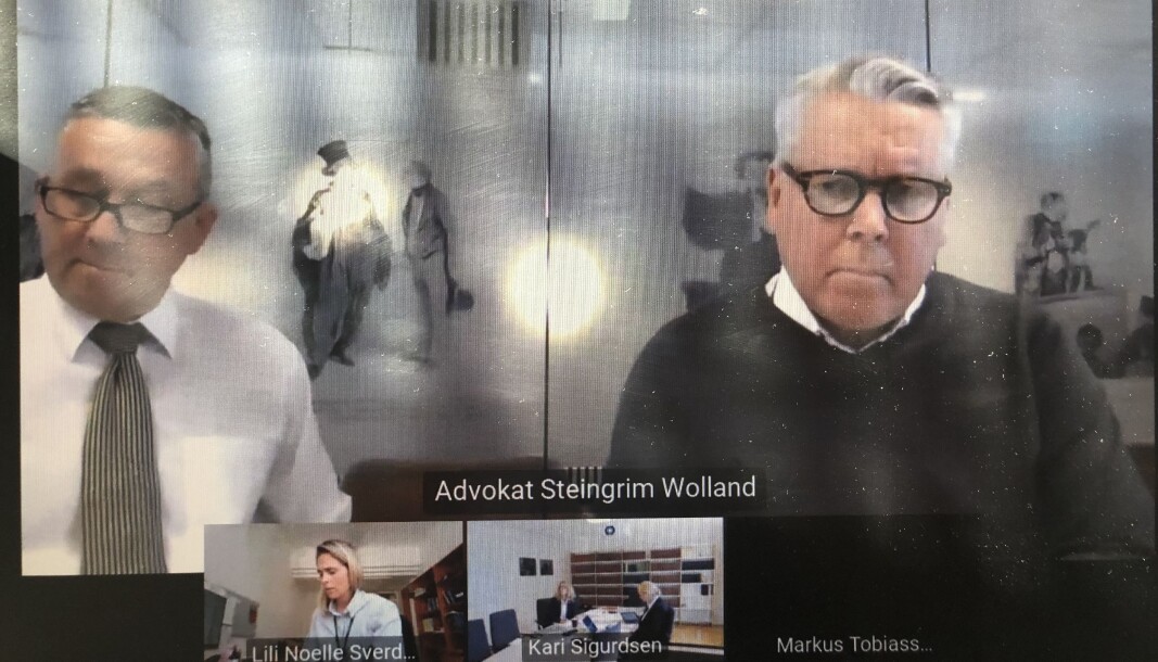 Per Sjong Larsen (til høyre) forklarte seg via videolink i Oslo tingrett i går. Her med sin advokat Steingrim Wolland. Dommer i saken er Lili Noelle Sverdrup, mens Advokatbevillingsnemnden er representert av advokat Kari Sigurdsen. Per Sjong Larsen (til høyre) forklarte seg via videolink i Oslo tingrett i går. Her med sin advokat Steingrim Wolland. Dommer i saken er Lili Noelle Sverdrup, mens Advokatbevillingsnemnden er representert av advokat Kari Sigurdsen.