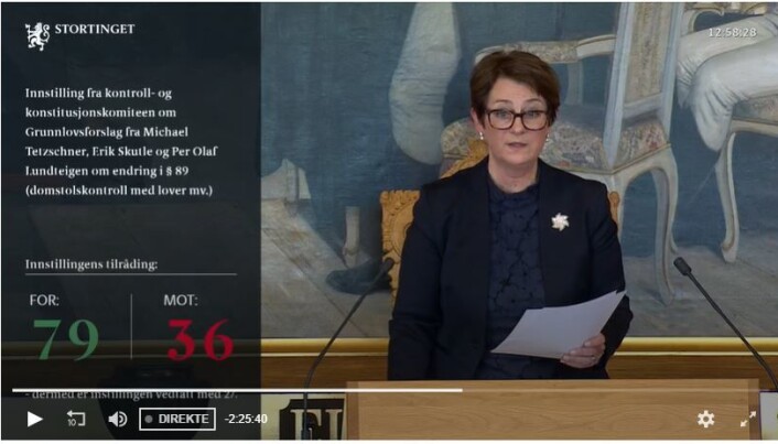 Forslaget om grunnlovsendring ble vedtatt i Stortinget torsdag. Her stortingspresident Heidi Trøen (H). Forslaget om grunnlovsendring ble vedtatt i Stortinget torsdag. Her stortingspresident Heidi Trøen (H).