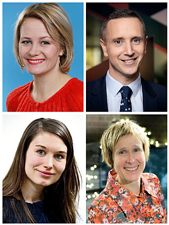 Årets medieprisvinnere, øverst fra venstre: Sigrid Sollund (Lytterprisen), Torstein Bae (TV-prisen), Eirin Eikefjord (Gullpennen) og Linda Eide (Språkgledeprisen). (Foto: NRK, Bergens Tidende). Årets medieprisvinnere, øverst fra venstre: Sigrid Sollund (Lytterprisen), Torstein Bae (TV-prisen), Eirin Eikefjord (Gullpennen) og Linda Eide (Språkgledeprisen). (Foto: NRK, Bergens Tidende).