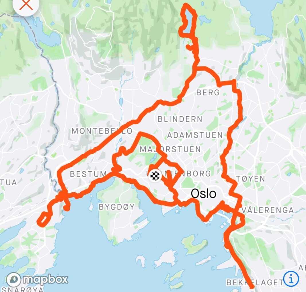 Thea Rabe rakk innom store deler av Oslo på sin løpetur lørdag, inkludert Frognerparken, Nordstrand, Sognsvann, Fornebu og Oslo sentrum. Thea Rabe rakk innom store deler av Oslo på sin løpetur lørdag, inkludert Frognerparken, Nordstrand, Sognsvann, Fornebu og Oslo sentrum.