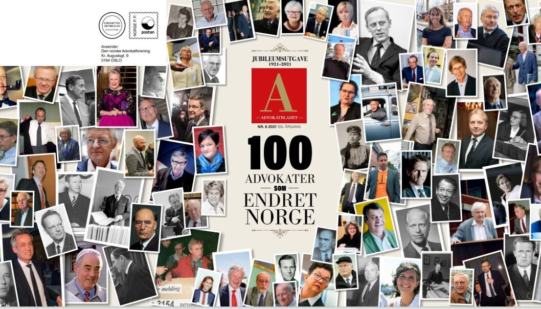 For anledningen kommer Advokatbladets forside med utbrett. Alle de 100 omtalte advokatene er avbildet. For anledningen kommer Advokatbladets forside med utbrett. Alle de 100 omtalte advokatene er avbildet.