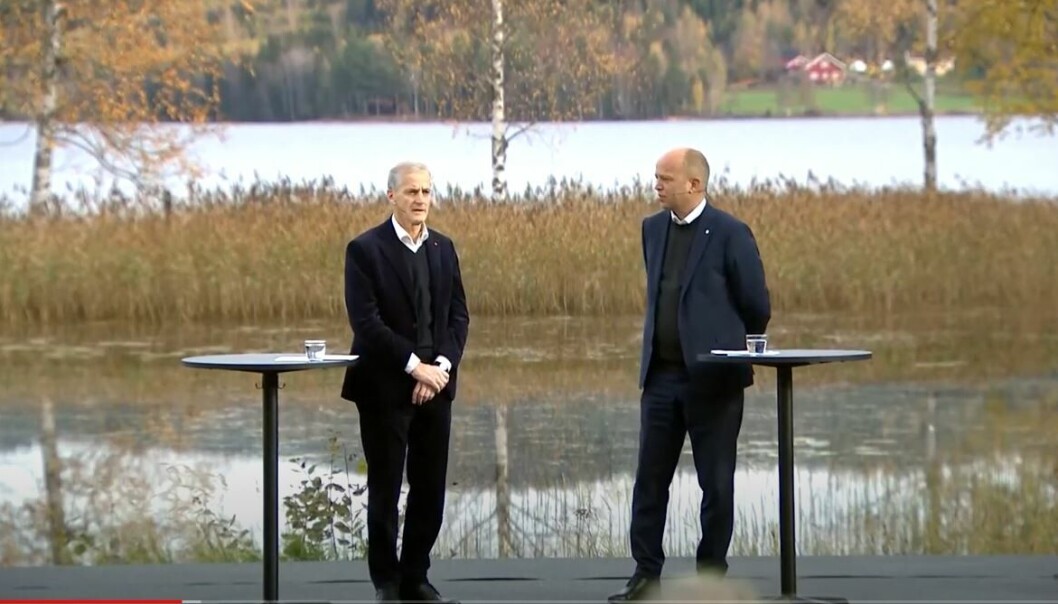 Påtroppende statsminister Jonas Gahr Støre og Sp-leder Trygve Slagsvold Vedum la frem sin regjeringsplattform i Hurdal 13. oktober. Påtroppende statsminister Jonas Gahr Støre og Sp-leder Trygve Slagsvold Vedum la frem sin regjeringsplattform i Hurdal 13. oktober.