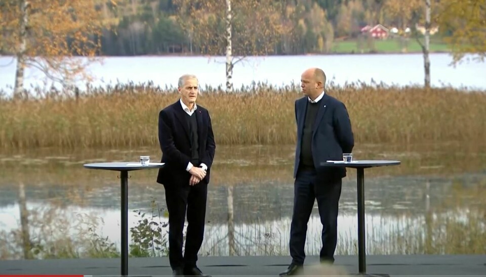 Påtroppende statsminister Jonas Gahr Støre og Sp-leder Trygve Slagsvold Vedum la frem sin regjeringsplattform i Hurdal 13. oktober.