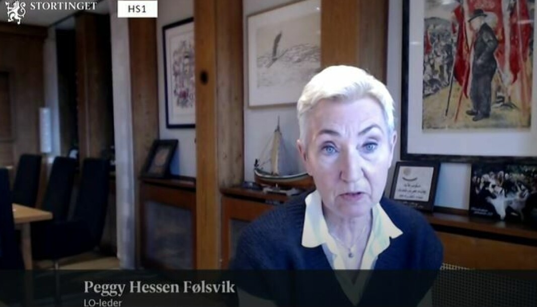 LO-leder Peggy Hessen Følsvik under justiskomiteens åpne høring om advokatloven 18. januar. LO-leder Peggy Hessen Følsvik under justiskomiteens åpne høring om advokatloven 18. januar.