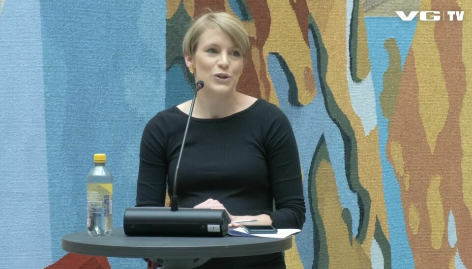 SVs finanspolitiske talsperson Kari Elisabeth Kaski presenterte budsjettet i dag klokken ni.