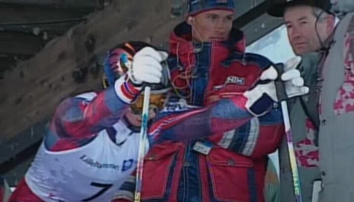 Erik Flågan (i midten) under De Olympiske vinterleker på Lillehammer. Her sammen med Kjetil Andre Kjetil André Aamodt (til venstre).