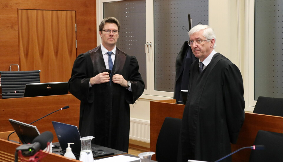 Viggo Kristiansens forsvarere, Bjørn André Gulstad og Arvid Sjødin, før rettsmøtet i Borgarting lagmannsrett, tirsdag.