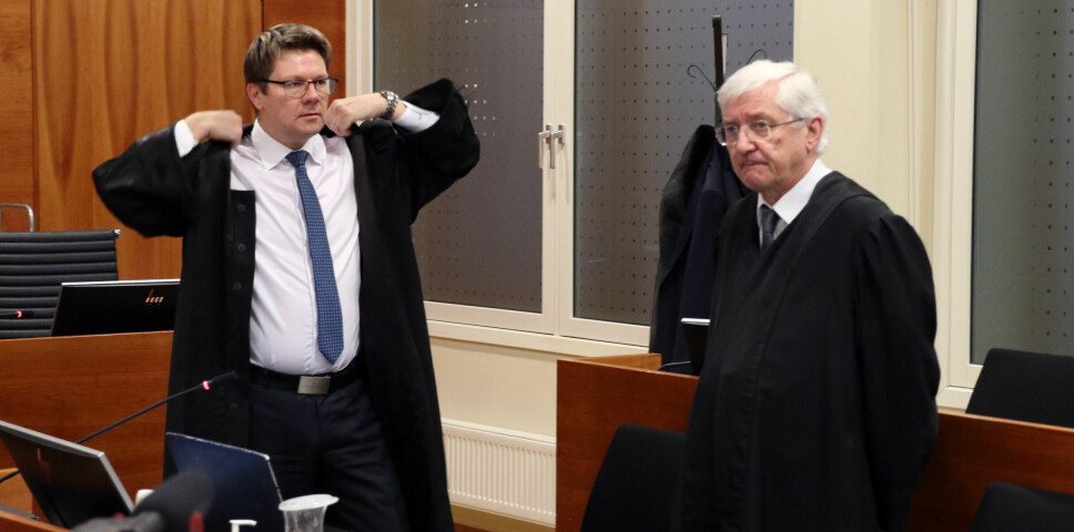 Viggo Kristiansens forsvarere, Bjørn André Gulstad og Arvid Sjødin, under rettsmøtet i Borgarting lagmannsrett.