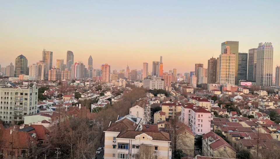 Utsikt fra Trulsens leilighet i 29. etasje i Shanghai.